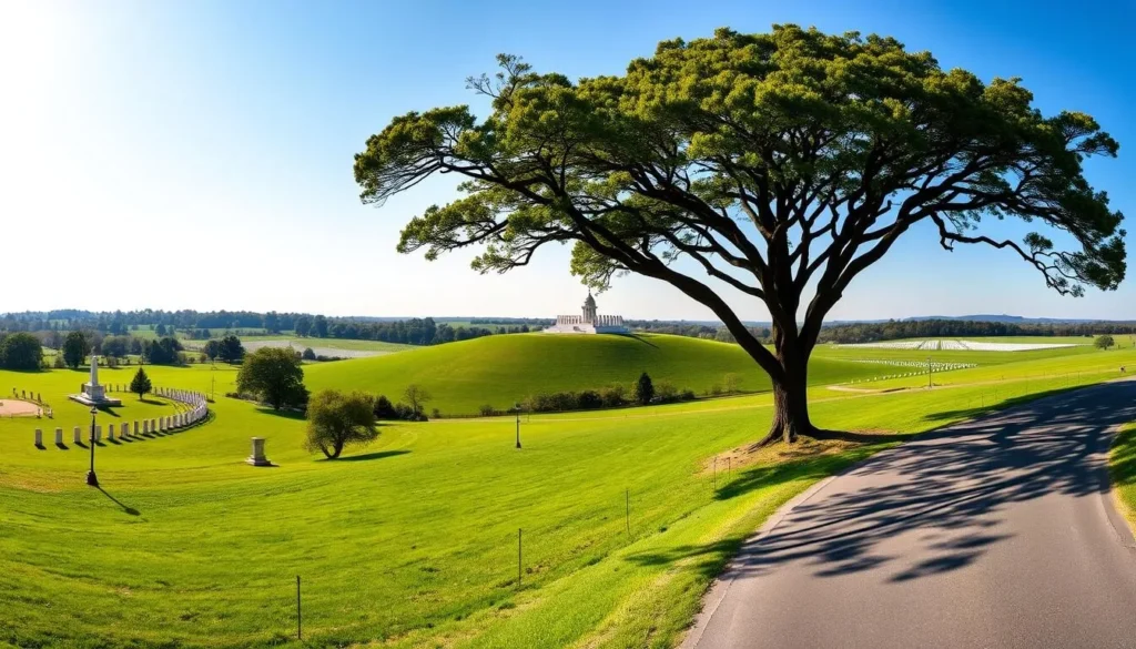 A breathtaking panoramic view of Gettysburg National Military Park, Pennsylvania, on a clear, sunny day. The lush, rolling hills and verdant fields are dotted with historic monuments and markers, inviting visitors to explore the hallowed ground where a pivotal Civil War battle took place. In the foreground, a winding road leads through the landscape, lined with towering oak trees casting gentle shadows. In the distance, the iconic Soldiers' National Cemetery sits atop a gentle rise, its white marble headstones gleaming in the soft, natural light. The scene evokes a sense of solemn reverence and historical significance, capturing the essence of this iconic American landmark.