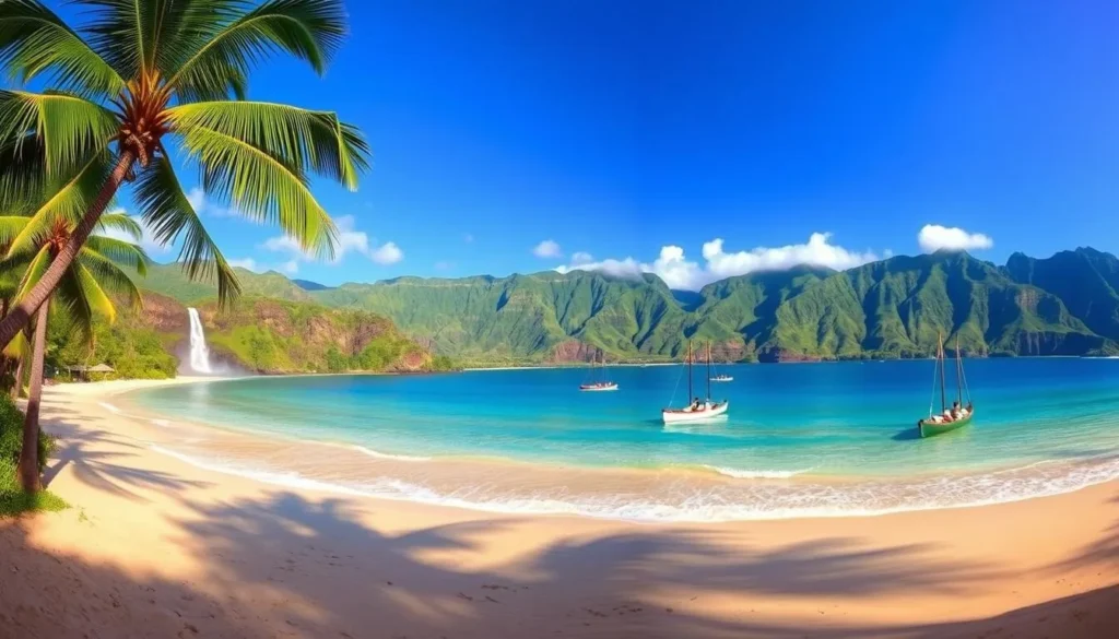 A breathtaking panoramic view of Hanalei Bay, Kauai, Hawaii, under a clear azure sky. The pristine crescent-shaped beach is framed by lush, verdant mountains and cascading waterfalls. Gentle waves lap against the golden sand, creating a serene and tranquil atmosphere. In the foreground, coconut palms sway gently in the soft, tropical breeze. The middle ground features local Hawaiian outrigger canoes gliding across the crystal-clear turquoise waters. In the distance, the emerald-green mountains rise majestically, their peaks shrouded in wispy clouds. The lighting is soft and natural, capturing the essence of this idyllic island paradise. Photograph this scene with a wide-angle lens to showcase the full grandeur of Hanalei Bay, the jewel of the Hawaiian Islands.