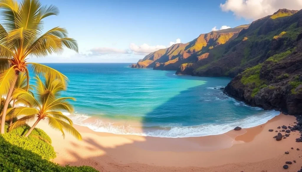 A breathtaking panoramic view of Kahekili Beach Park on the northern coast of Maui, Hawaii. In the foreground, a pristine sandy beach flanked by lush palm trees swaying gently in the light breeze. In the middle ground, crystal-clear turquoise waters of the Pacific Ocean, with small waves lapping at the shore. In the background, rugged volcanic cliffs rise majestically, their verdant slopes dotted with vibrant tropical foliage. The warm, golden sunlight bathes the entire scene, creating a serene and tranquil atmosphere. Capture the rich history and natural beauty of this iconic Hawaiian destination.
