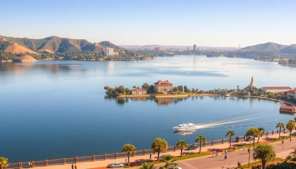A breathtaking panoramic view of Lac Anosy, the serene lake nestled in the heart of Antananarivo, Madagascar. The still waters reflect the surrounding lush hills and the iconic Rova palace, bathed in warm, golden sunlight. In the foreground, people stroll along the promenade, enjoying the picturesque scenery. The middle ground features boats gently drifting across the lake, while the background showcases the city's skyline, with a blend of modern and historic architecture. The scene exudes a sense of tranquility and natural beauty, inviting the viewer to immerse themselves in the serene ambiance of this idyllic urban oasis.