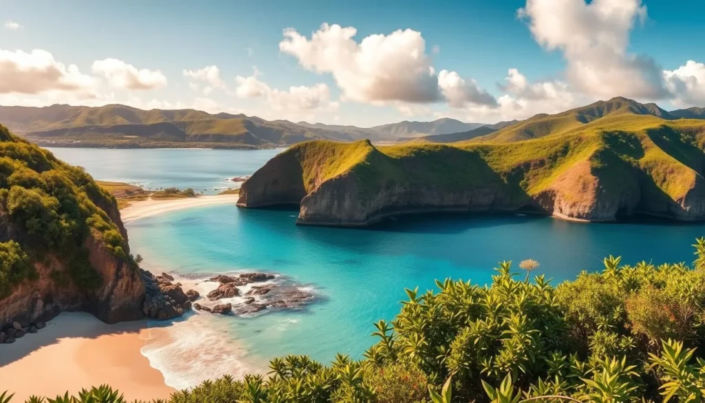 A breathtaking panoramic view of Niue's lush, verdant landscapes bathed in warm, golden sunlight. In the foreground, a picturesque beach with pristine white sand and turquoise waters gently lapping against the shoreline. In the middle ground, towering limestone cliffs dotted with verdant foliage overlooking the tranquil ocean. The background showcases Niue's iconic rolling hills and vibrant tropical foliage, creating a serene and inviting atmosphere. The scene is captured with a wide-angle lens, emphasizing the island's vast, unspoiled natural beauty. An idyllic representation of the best time to visit Niue for a weather-savvy trip.