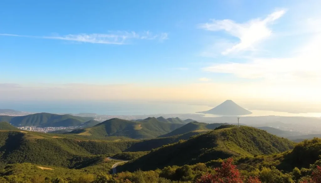 A breathtaking panoramic view of Tagaytay City, nestled atop a lush, verdant ridge. In the foreground, rolling hills dotted with vibrant foliage and winding roads lead the eye towards the centerpiece - the majestic Lake Taal, its placid waters reflecting the sky's soft hues. In the distance, the iconic Taal Volcano rises majestically, its symmetrical cone silhouetted against the horizon. The scene is bathed in warm, golden sunlight, casting a serene, tranquil atmosphere. Wispy clouds drift lazily overhead, completing the picturesque landscape. Capture the essence of this breathtaking natural wonder, a prime destination for those seeking tranquility and stunning vistas.