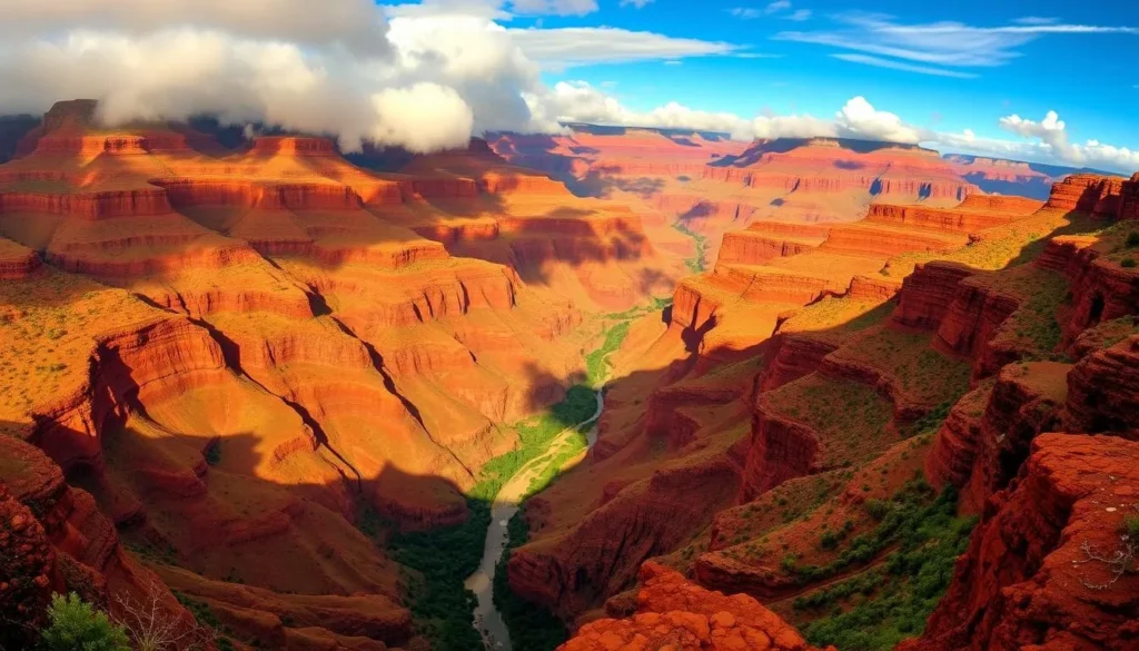 A breathtaking panoramic view of Waimea Canyon, Kauai's "Grand Canyon of the Pacific", with its dramatic crimson and ochre cliffs, lush tropical foliage, and winding river below. Capture the scale and beauty of this natural wonder, illuminated by warm, golden sunlight filtering through wispy clouds. Compose the scene from a high vantage point, showcasing the canyon's vast depth and the rugged, undulating terrain. Evoke a sense of serene tranquility and awe-inspiring grandeur that embodies the essence of this iconic Hawaiian landscape.