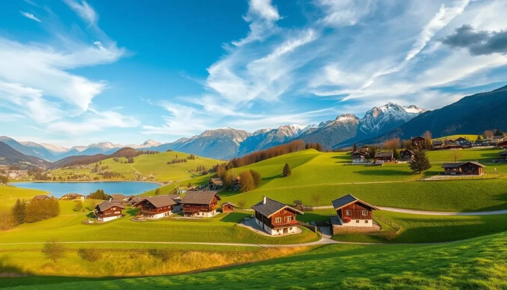 A breathtaking panoramic view of the Appenzell Ausserrhoden landscape, bathed in the warm glow of a golden hour sun. Rolling green hills dotted with picturesque farmhouses and traditional chalets, their wooden facades adorned with vibrant flower boxes. In the distance, the majestic peaks of the Swiss Alps rise majestically, their snow-capped summits glistening. A serene lake reflects the surrounding natural beauty, its still waters mirroring the tranquil scene. Wispy clouds drift lazily across a vivid blue sky, completing the idyllic pastoral setting. Capture the charming essence of this Swiss alpine region with a cinematic, wide-angle lens that showcases the captivating blend of quaint rural elements and awe-inspiring mountain vistas.
