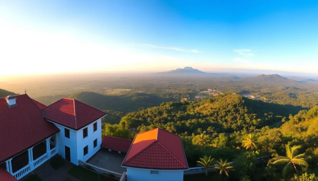 A breathtaking panoramic view of the Bokor Hill Viewpoint, situated atop the lush, verdant Bokor Hill in Cambodia. The foreground showcases the elegant French colonial architecture of the historic Bokor Hill Station, with its distinct red-tiled roofs and white walls. In the middle ground, rolling hills and dense forests stretch out, bathed in warm, golden sunlight. The background is dominated by the imposing Elephant Mountains, their peaks shrouded in wispy, ethereal clouds. The scene exudes a sense of tranquility and timelessness, inviting the viewer to take in the stunning natural beauty of this remarkable location.