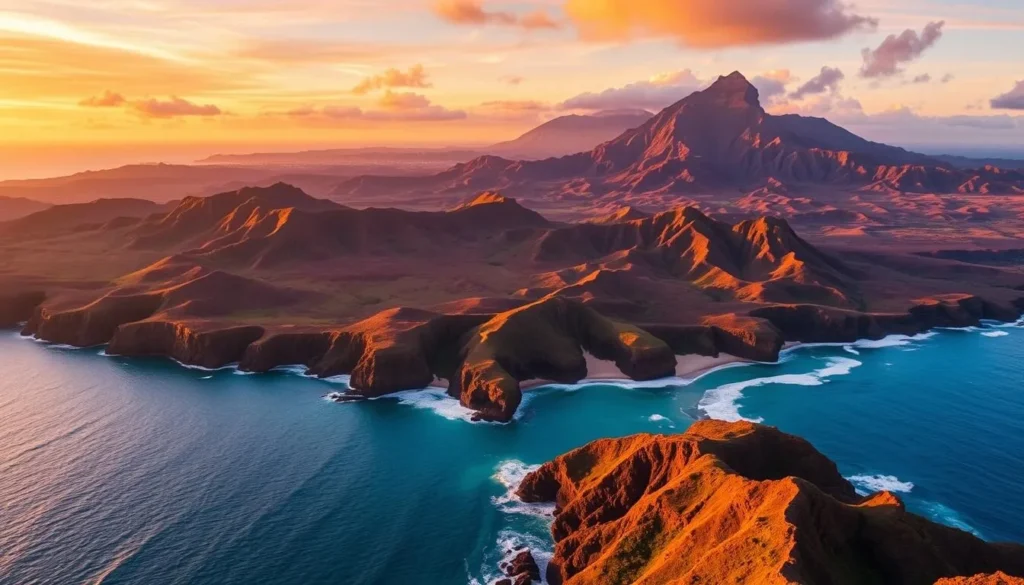 A breathtaking panoramic view of the Hawaiian islands of Molokai and Maui, captured under the warm glow of a golden hour sunset. In the foreground, the rugged, windswept cliffs of Molokai's northern coast stretch out, their volcanic slopes cloaked in a lush, verdant tapestry. In the middle ground, the gentle waves of the Pacific Ocean caress the pristine beaches, their crystal-clear waters reflecting the vibrant hues of the sky above. Towering in the distance, the majestic peaks of Maui's Haleakala volcano rise up, their silhouettes bathed in the soft, diffused light of the setting sun. The overall scene conveys a sense of tranquility and natural wonder, inviting the viewer to imagine the endless possibilities for exploration and adventure that await in this picturesque corner of the Hawaiian archipelago.