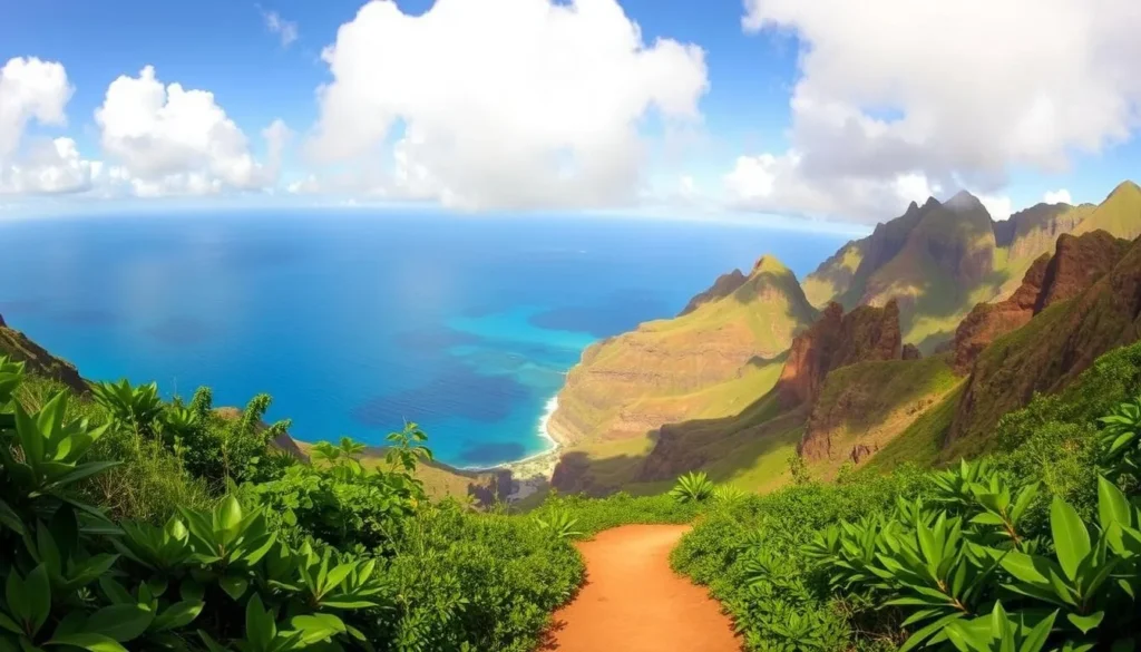 A breathtaking panoramic view of the Kalalau Trail on the lush island of Kauai, Hawaii. In the foreground, the winding path meanders through verdant tropical foliage, leading the eye towards the distant coastline. The middle ground showcases the majestic Na Pali cliffs, their rugged, sculpted ridges bathed in warm, golden sunlight. In the background, the tranquil, azure waters of the Pacific Ocean stretch out to the horizon, dotted with fluffy white clouds drifting lazily across the sky. The scene exudes a sense of serene, natural beauty, perfectly capturing the ideal weather conditions for a hike along this stunning, iconic trail.