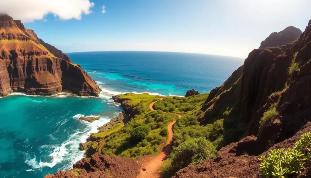 A breathtaking panoramic view of the Maha'ulepu Heritage Trail along the rugged Kauai coastline. In the foreground, crystal-clear turquoise waters crash against towering volcanic sea cliffs, their jagged edges softened by the warm glow of the afternoon sun. The middle ground features a lush, verdant trail winding through native Hawaiian vegetation, leading the eye towards the distant horizon. In the background, the sparkling Pacific Ocean stretches out endlessly, its azure hues blending seamlessly with the cloudless sky. Capture the tranquility and natural beauty of this stunning Hawaiian landscape, with dynamic lighting and a cinematic wide-angle perspective.