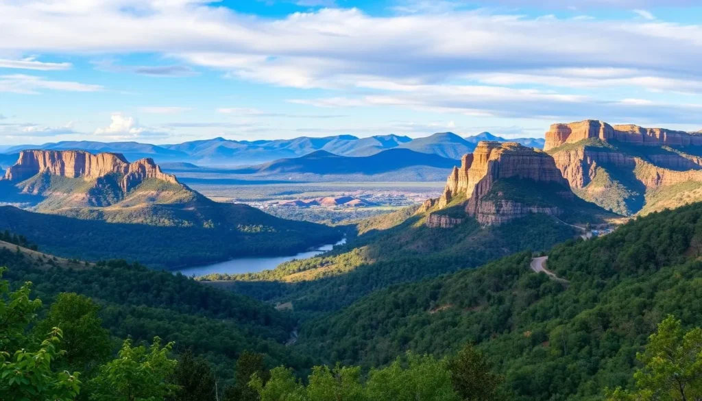 A breathtaking panoramic view of the Ozarks in Branson, Missouri, capturing the region's natural beauty. In the foreground, lush green foliage and rolling hills frame the scene, leading the eye towards a picturesque lake or river reflecting the vibrant colors of the sky. In the middle ground, towering bluffs and rocky outcroppings rise majestically, their rugged textures and shadows creating a sense of depth and drama. The background showcases the stunning Ozark Mountains, their peaks and valleys bathed in warm, golden light, creating a serene and awe-inspiring atmosphere. The overall composition evokes a feeling of tranquility and connection with the great outdoors, inviting the viewer to explore the hidden gems and off-the-beaten-path attractions that Branson has to offer.