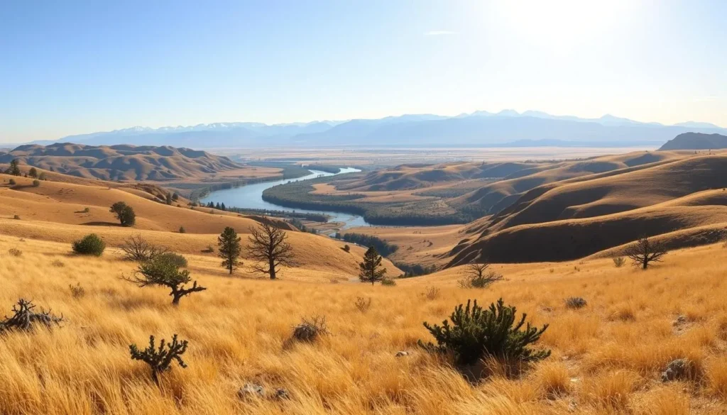 A breathtaking panoramic view of the central Oregon landscape, showcasing the rugged beauty of the high desert. In the foreground, rolling hills covered in golden grasses sway gently in the warm breeze. Scattered juniper trees dot the landscape, their twisted silhouettes casting long shadows. In the middle ground, the majestic Cascade Mountains rise up, their snow-capped peaks glistening under a bright, cloudless sky. A winding river cuts through the valley, its calm waters reflecting the surrounding scenery. The scene is bathed in soft, golden light, creating a serene and tranquil atmosphere, perfectly capturing the essence of this magnificent region.