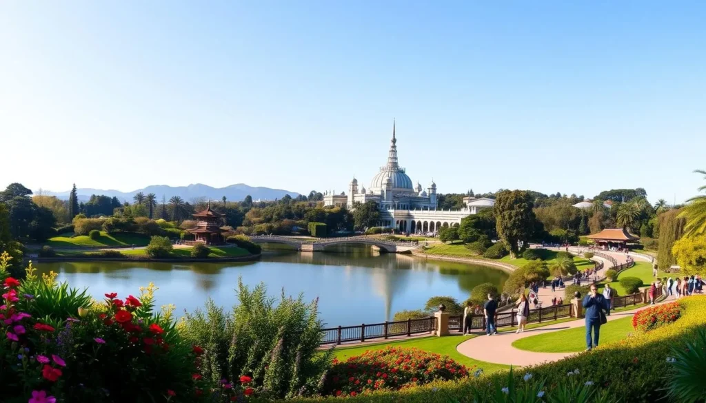 A breathtaking panoramic view of the iconic Golden Gate Park in San Francisco on a sunny day. In the foreground, lush greenery and vibrant flowers frame the serene lake, inviting visitors to explore its tranquil shores. The middle ground features the historic Japanese Garden, its intricate pagodas and bridges reflecting in the still waters. In the background, the majestic Conservatory Valley rises, its towering glass dome glimmering in the warm light. Visitors stroll along the winding pathways, capturing the beauty of this urban oasis through their camera lenses, creating unforgettable memories.