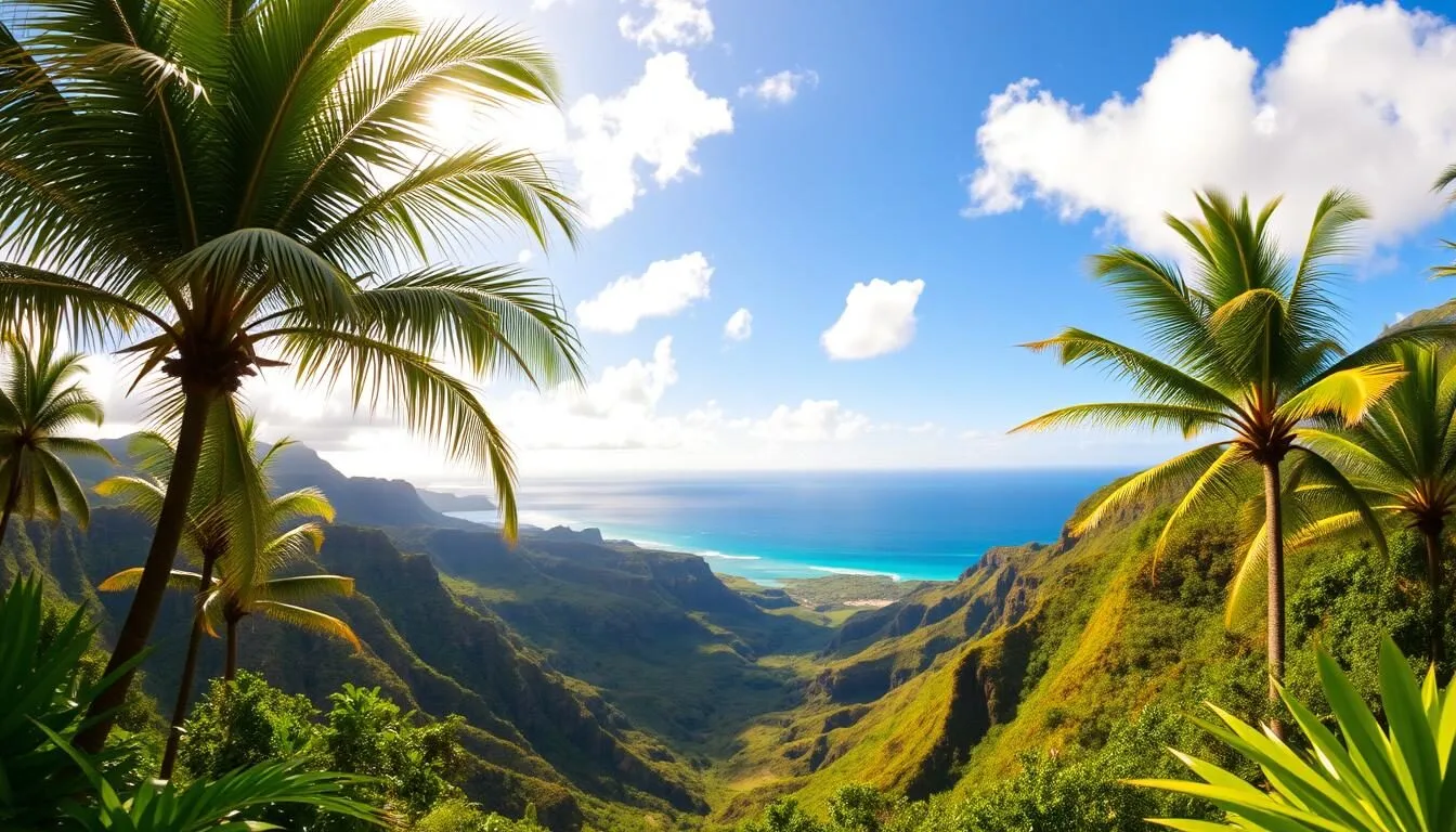 A breathtaking panoramic view of the lush, verdant Pololū Valley Lookout on the Big Island of Hawaii. In the foreground, vibrant tropical foliage and towering palm trees frame the scene. The middle ground reveals the dramatic cliffs and gullies that descend into the emerald-green valley below. In the distance, the azure Pacific Ocean stretches out to the horizon, bathed in warm, golden sunlight. Fluffy white clouds drift across a bright, clear sky, creating a sense of tranquility and serenity. Capture the natural beauty, grandeur, and peaceful ambiance of this iconic Hawaiian landscape.