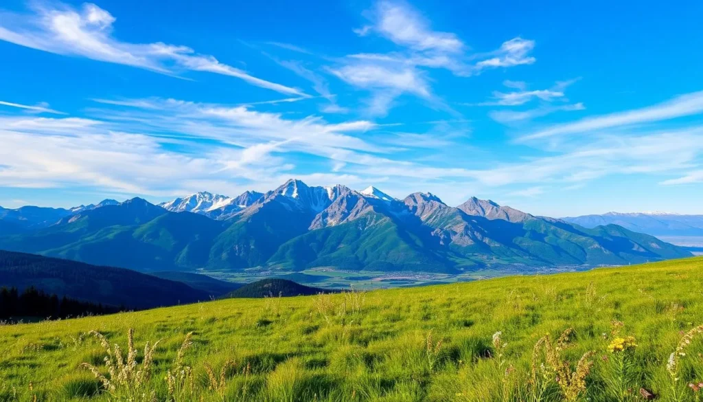 A breathtaking panoramic view of the majestic Bridger Mountains in Bozeman, Montana, under a clear blue sky with wispy clouds. In the foreground, a lush green meadow dotted with wildflowers sways gently in the breeze. In the middle ground, the rugged peaks of the Bridgers rise majestically, their snow-capped summits glimmering in the warm sunlight. In the background, the distant Gallatin Range adds depth and scale to the scene. The overall mood is one of tranquility, awe, and connection with the natural world.
