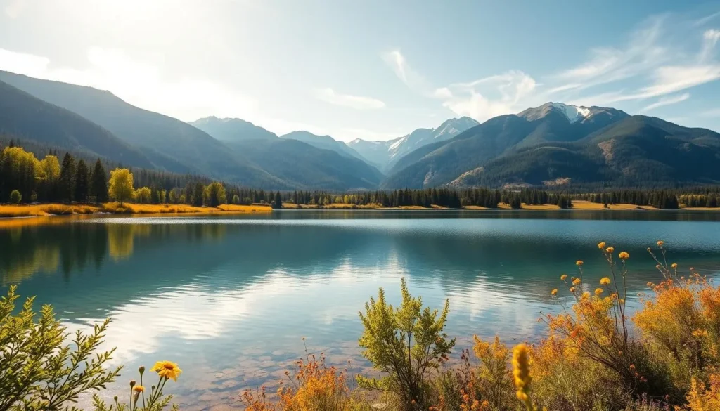 A breathtaking scene of Cold Springs Reservoir on a sunny day. In the foreground, the still, crystal-clear waters reflect the surrounding landscape. Lush, verdant trees and vibrant wildflowers line the shoreline, inviting the viewer to explore. In the middle ground, rugged hills and mountains rise up, their peaks capped with snow. Warm, golden sunlight filters through wispy clouds, casting a soft, ethereal glow over the entire scene. The perfect natural setting for landscape and nature photography, with ample opportunities to capture the serene beauty of this idyllic location.