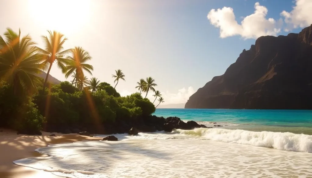 A breathtaking scene of Hulopoe Beach on the island of Lanai, Hawaii. The sun's golden rays bathe the pristine white sand and azure waters, creating a serene and inviting atmosphere. In the foreground, gentle waves caress the shoreline, their soothing rhythm inviting visitors to relax and unwind. The middle ground features a lush, tropical landscape with swaying palm trees and vibrant greenery, framing the stunning view. In the distance, the rugged, volcanic cliffs rise majestically, adding depth and visual interest to the composition. The lighting is warm and natural, casting a soft, diffused glow over the entire scene, capturing the tranquil and rejuvenating essence of Hulopoe Bay.