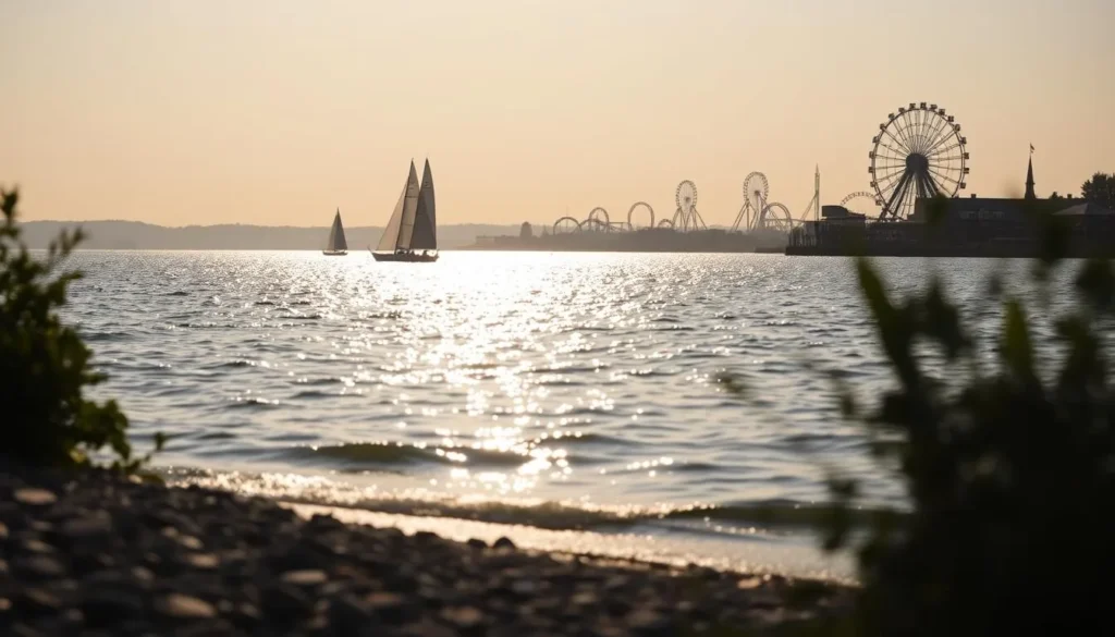A breathtaking scene of Lake Erie's shimmering waters, framed by the picturesque shores of Sandusky, Ohio. In the foreground, a serene shoreline dotted with smooth pebbles and lush greenery. The middle ground features sailboats gently gliding across the lake, their white sails catching the warm, golden sunlight. In the distance, the horizon is marked by the majestic silhouettes of the Cedar Point amusement park rides, creating a unique and iconic backdrop. The scene is bathed in a soft, hazy atmosphere, evoking a sense of tranquility and leisure. The overall composition captures the lakeside charm and natural beauty that define Sandusky's allure.