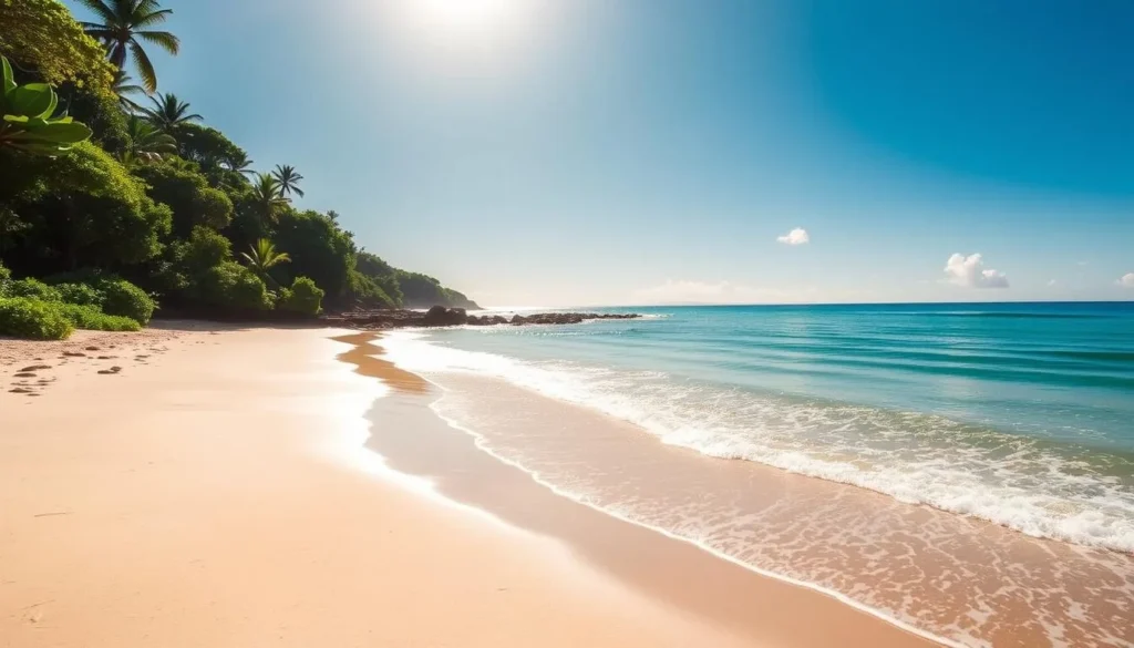 A breathtaking scene of Papohaku Beach Park on the island of Molokai, Hawaii. The pristine white sand beach stretches out in the foreground, bordered by lush, verdant foliage. In the middle ground, gentle waves lap against the shoreline, casting a tranquil reflection. In the distance, the blue Pacific Ocean meets the horizon, with a few wispy clouds dotting the clear sky above. The warm, golden sunlight bathes the entire scene, creating a serene and inviting atmosphere. Capture the natural beauty and tranquility of this picturesque Hawaiian beach park.