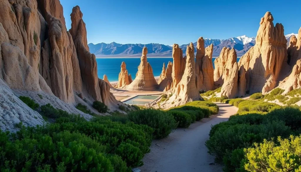 A breathtaking scene of South Tufa Beach Trail at Mono Basin, California. The path winds through a dramatic landscape of towering limestone formations and glistening, shallow pools. The foreground features the trail itself, lined with lush, green vegetation. The middle ground showcases the iconic tufa towers, their intricate shapes cast in warm, golden light. In the background, the deep blue of Mono Lake stretches out, framed by the rugged, snow-capped peaks of the Sierra Nevada mountains. The scene exudes a sense of tranquility and natural wonder, inviting the viewer to explore this captivating natural wonder.