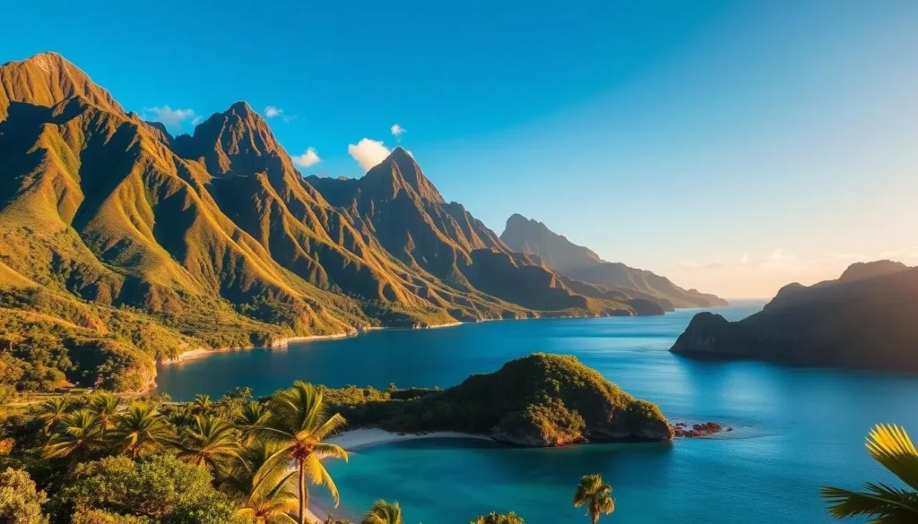 A breathtaking scene of Ua Pou Island, a hidden gem in the Marquesas archipelago of French Polynesia. Lush, verdant peaks rise majestically against a clear azure sky, their slopes cascading with tropical vegetation. In the foreground, a tranquil bay reflects the surrounding cliffs and palm trees, its cerulean waters inviting exploration. Warm, golden sunlight bathes the landscape, casting a serene and idyllic atmosphere. Capture the essence of this untamed, otherworldly paradise, where time seems to stand still and the beauty of nature reigns supreme.