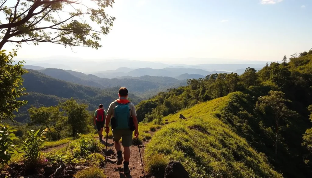 A breathtaking scene of hikers ascending a verdant trail in Antipolo, the City of Winds. In the foreground, adventurous trekkers navigate the rugged terrain, their backpacks and hiking gear suggesting a journey filled with discovery. The middle ground reveals a lush, forested slope, the dappled sunlight casting a warm, golden glow across the landscape. In the distance, the silhouettes of rolling hills and distant mountains create a serene, natural backdrop, hinting at the vast, untamed beauty of the region. The overall mood is one of exhilaration and tranquility, capturing the essence of an unforgettable outdoor adventure in Antipolo.