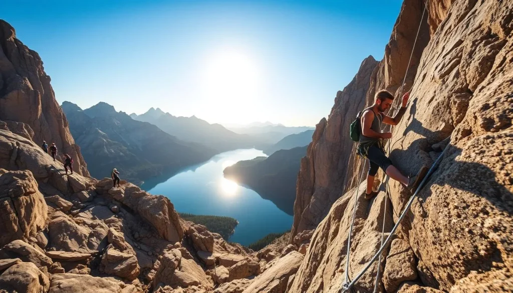 A breathtaking scene of rock climbers scaling the rugged granite cliffs of Granite Lake, California. The sun casts a warm glow over the serene alpine landscape, illuminating the towering peaks and crystal-clear waters below. In the foreground, a skilled climber navigates a challenging route, their concentrated expression and nimble movements captured in sharp focus. The middle ground features additional climbers making their ascent, each one a study in balance and determination. The background showcases the majestic grandeur of the surrounding mountains, their jagged silhouettes mirrored in the still lake. This image conveys the thrill and beauty of outdoor adventure at its finest.