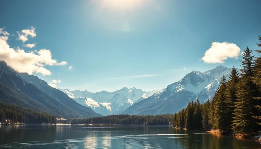 A breathtaking scene of snow-capped peaks rising majestically against a crisp, azure sky. In the foreground, a serene alpine lake reflects the surrounding mountains, its glassy surface broken by the gentle ripples of a cool breeze. Lush, evergreen forests line the lake's edge, their branches heavy with freshly fallen snow. Warm, golden sunlight filters through wispy clouds, casting a soft, ethereal glow over the entire landscape. The overall atmosphere is one of peaceful tranquility, inviting the viewer to bask in the natural wonder of the Swiss Alps.