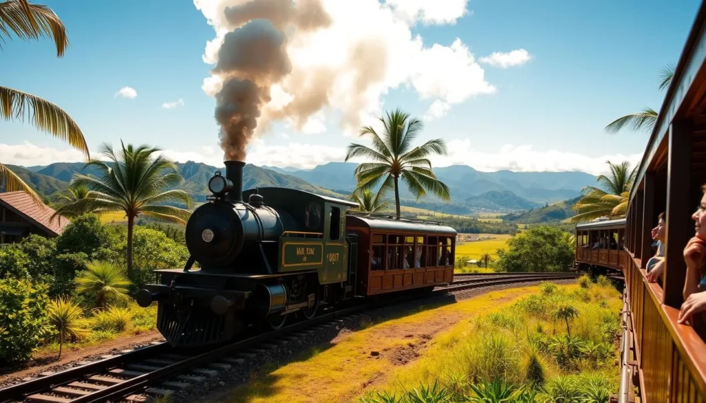 A breathtaking scene of the Kauai Plantation Railway train winding through lush, verdant landscapes. The historic steam locomotive chugs along the narrow-gauge tracks, its billowing smoke contrasting against the clear blue sky. Verdant palm trees and tropical foliage line the tracks, creating a serene and picturesque backdrop. Passengers gaze out from the open-air carriages, their faces alight with wonder as they take in the stunning vistas of Kauai's rolling hills and distant mountains. Warm, golden sunlight bathes the entire scene, evoking a sense of tranquility and timelessness. The train's gentle rocking and the rhythmic clack of the wheels on the tracks add to the calming, immersive experience.