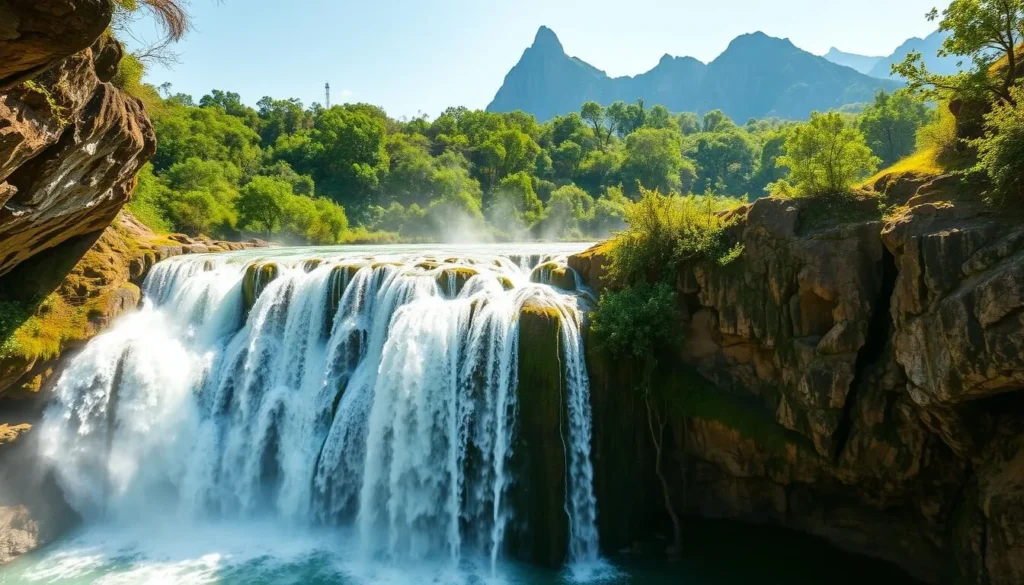 A breathtaking scene of the majestic San Luis Potosi waterfalls, captured on a bright, sunny day. Crystalline waters cascade over the rugged, moss-covered cliffs, creating a captivating display of natural beauty. The foreground showcases the cascading falls, with mist and spray adding a sense of movement and dynamism. The middle ground features lush, verdant foliage, creating a verdant backdrop that complements the azure waters. In the distance, towering peaks rise, framing the scene with a sense of grandeur. The lighting is soft and natural, casting a warm glow over the entire landscape. Captured with a wide-angle lens, the image conveys a sense of scale and immersion, inviting the viewer to imagine themselves standing amidst this breathtaking natural wonder.