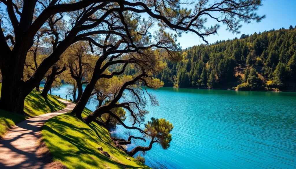 A breathtaking scene of the tranquil Lake Temescal, nestled amidst lush rolling hills and verdant forests. Capture the serene hiking trails that wind alongside the sparkling azure waters, bathed in warm golden sunlight. Showcase the majestic oak trees casting gentle shadows on the well-maintained pathways, inviting hikers to explore the natural beauty of this California gem. Depict the winding trails as they traverse the picturesque landscape, offering panoramic vistas of the lake and the surrounding terrain. Convey a sense of peaceful solitude and outdoor adventure, with hikers enjoying the scenic splendor of this tranquil oasis.