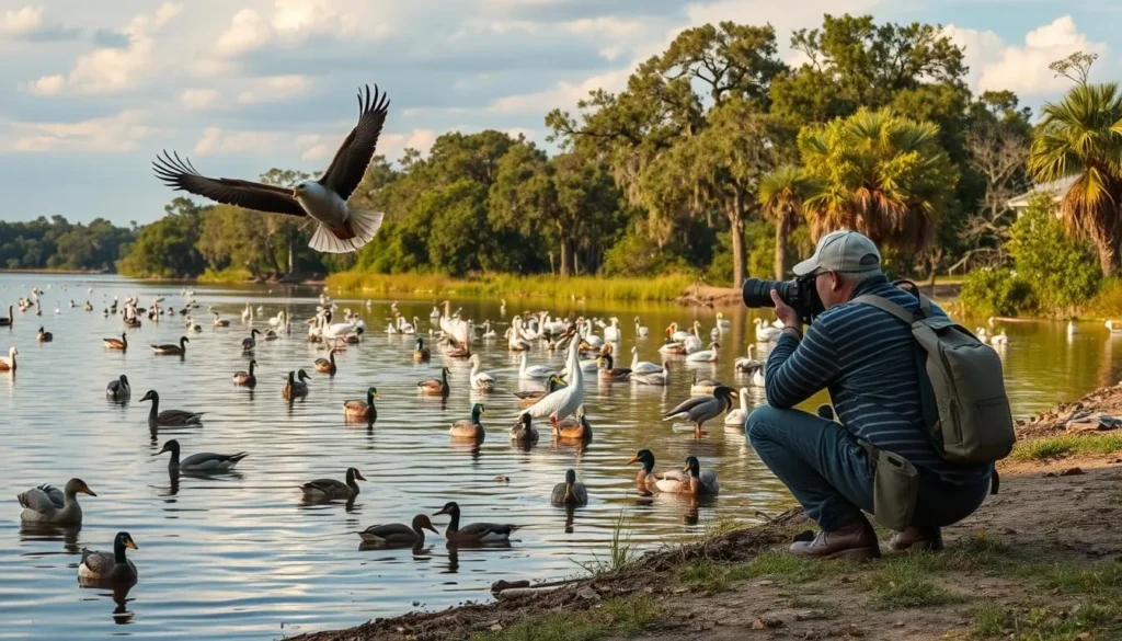 A breathtaking scene of wildlife photography at Eufaula Lake, Oklahoma. In the foreground, a professional photographer crouches low, camera poised, capturing a majestic bald eagle soaring effortlessly above the glimmering waters. The middle ground showcases a diverse array of waterfowl - ducks, geese, and herons - wading and feeding in the shallows, their vibrant plumages reflected in the calm surface. The background reveals the lush, verdant shoreline, framed by towering cypress trees draped in Spanish moss, creating a picturesque and serene natural setting. Soft, warm sunlight filters through wispy clouds, illuminating the scene and evoking a sense of tranquility and wonder. This stunning wildlife photography spot offers a truly immersive and awe-inspiring experience for nature enthusiasts.