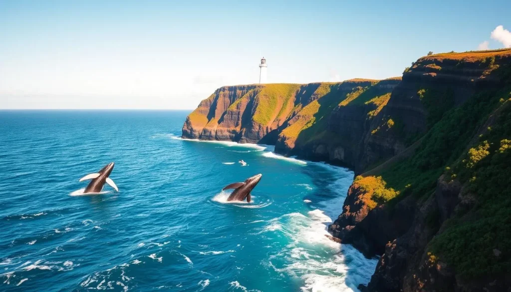 A breathtaking seascape unfolds before the viewer, capturing the essence of whale watching at Makapu'u Point Lighthouse Trail on the island of Oahu, Hawaii. In the foreground, majestic humpback whales breach the azure waters, their powerful bodies glistening in the warm, golden sunlight. The middle ground features the dramatic cliffs of the trail, adorned with lush, verdant vegetation that cascades down to the crashing waves below. In the distance, the iconic Makapu'u Lighthouse stands tall, its white facade a beacon against the clear, azure sky. The scene exudes a sense of tranquility and wonder, inviting the viewer to immerse themselves in the natural beauty of this extraordinary location.