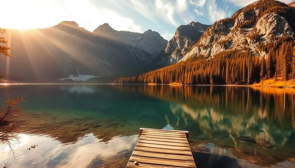 A breathtaking, serene landscape of Trinity Lake, nestled in the heart of the Shasta-Trinity National Forest, California. The crystal-clear waters reflect the towering pine-clad mountains in the background, bathed in warm, golden sunlight filtering through wispy clouds. In the foreground, a tranquil cove invites exploration, with a small wooden dock leading into the pristine lake. The scene exudes a sense of peaceful isolation, capturing the essence of this hidden natural gem. A wide-angle lens captures the grandeur of the setting, while a shallow depth of field draws the viewer's eye towards the inviting lake. The overall mood is one of peaceful contemplation, inviting the viewer to immerse themselves in the serene beauty of Trinity Lake.