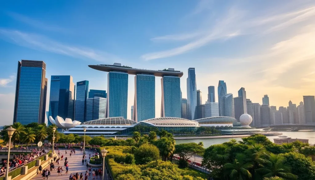 A breathtaking skyline of Singapore's iconic skyscrapers and architectural marvels, bathed in the warm glow of the afternoon sun. In the foreground, bustling pedestrians and lush greenery create a vibrant, modern city atmosphere. The middle ground features the Marina Bay Sands complex, its distinctive three-tower design and iconic SkyPark observation deck. In the background, the towering spires of the Marina Bay Financial Centre and other high-rise buildings stretch towards the azure sky, creating a stunning visual contrast. The image conveys a sense of dynamic energy, progress, and the harmonious blend of urban and natural elements that make Singapore a truly captivating destination.