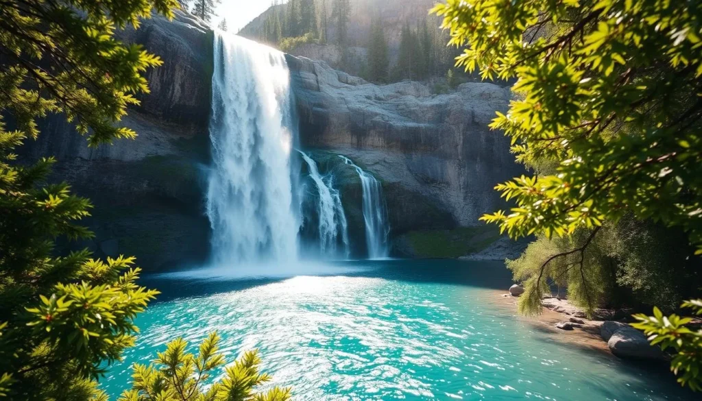 A breathtaking, sun-dappled waterfall cascading over rugged granite cliffs, its crystalline waters tumbling into a deep, turquoise pool below. Lush, verdant foliage frames the scene, creating a serene, natural oasis. Soft, warm lighting illuminates the dynamic movement of the cascading water, its shimmering surface reflecting the surrounding environment. Capture the powerful yet calming essence of this Northern Sierra wonder, showcasing its majestic beauty in crisp, photorealistic detail.