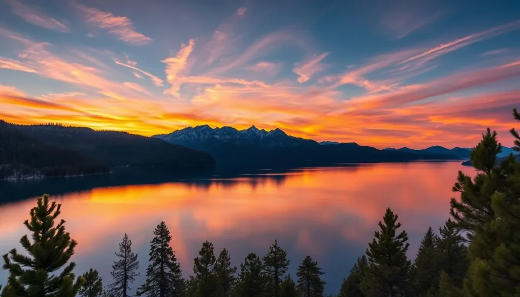 A breathtaking sunset over the serene waters of Huntington Lake, nestled amidst the majestic Sierra Nevada mountains. The warm, golden light bathes the tranquil lake, creating a mesmerizing reflection of the vibrant hues across the still surface. Wispy clouds paint the sky in a stunning gradient, transitioning from a deep, fiery orange to a soft, pastel pink. In the foreground, the lush, pine-covered shoreline frames the picturesque scene, inviting the viewer to immerse themselves in the natural beauty. The image is captured with a wide-angle lens, highlighting the grand scale of the landscape and the captivating interplay of light, water, and land.