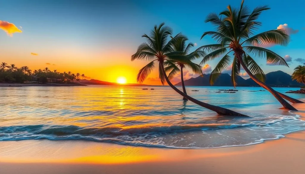 A breathtaking sunset over the tranquil waters of Keawakapu Beach, Maui. The golden sun dips below the horizon, casting a warm, amber glow across the gently lapping waves. In the foreground, the pristine white sand beach is dotted with palm trees swaying in the light breeze. In the middle ground, the crystal-clear ocean reflects the vibrant hues of the sky, creating a mesmerizing mirror effect. Distant mountains rise up in the background, their silhouettes framing the serene scene. The lighting is soft and natural, captured through a wide-angle lens that immerses the viewer in the tranquil atmosphere of this tropical paradise.