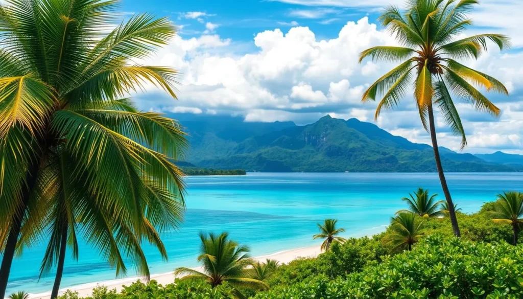 A breathtaking tropical landscape, capturing the diverse weather patterns of Vanuatu throughout the year. In the foreground, lush, verdant palm trees sway gently in a warm, balmy breeze. The middle ground showcases a picturesque beach, with pristine white sand and crystal-clear turquoise waters lapping at the shore. In the background, majestic, cloud-capped mountains rise up, their peaks bathed in a soft, golden glow from the sun's rays. The scene is illuminated by a high-key, diffused lighting, creating a serene and inviting atmosphere. The image conveys the tropical paradise that is Vanuatu, with its stunning natural beauty and varied weather conditions that make it an ideal destination for a weather-savvy traveler.