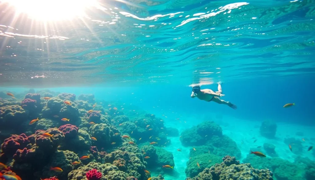 A breathtaking underwater scene at Hanauma Bay, Oahu, Hawaii. Crystal-clear turquoise waters teeming with vibrant marine life. A snorkeler exploring the vibrant coral reef, surrounded by schools of tropical fish in a rainbow of colors. Sunlight filters through the surface, casting a warm, ethereal glow. The lush, verdant shoreline rises in the background, framing the tranquil bay. Capture the serene, enchanting atmosphere of this renowned snorkeling destination.