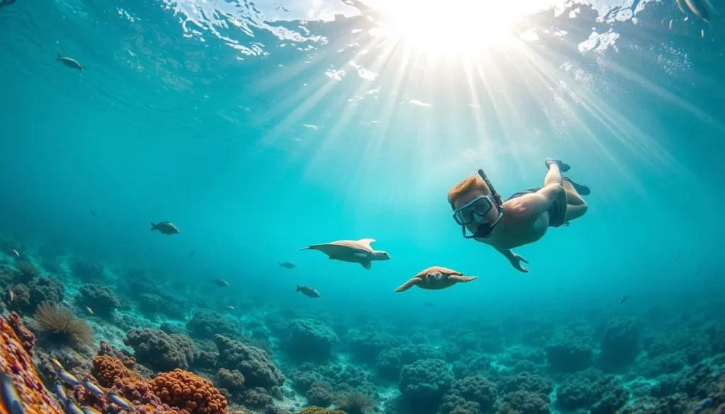 A breathtaking underwater scene at Ningaloo Reef, Western Australia. In the clear, turquoise waters, a snorkeler explores the vibrant coral gardens, surrounded by a kaleidoscope of tropical fish. Rays and sea turtles glide effortlessly through the warm currents. Beams of sunlight filter down, creating a magical, ethereal atmosphere. The snorkeler's mask and snorkel peek above the surface, capturing the wonder of this underwater paradise. The reef's stunning diversity and abundance of marine life are on full display, inviting viewers to imagine the thrilling experience of diving into this natural wonder.