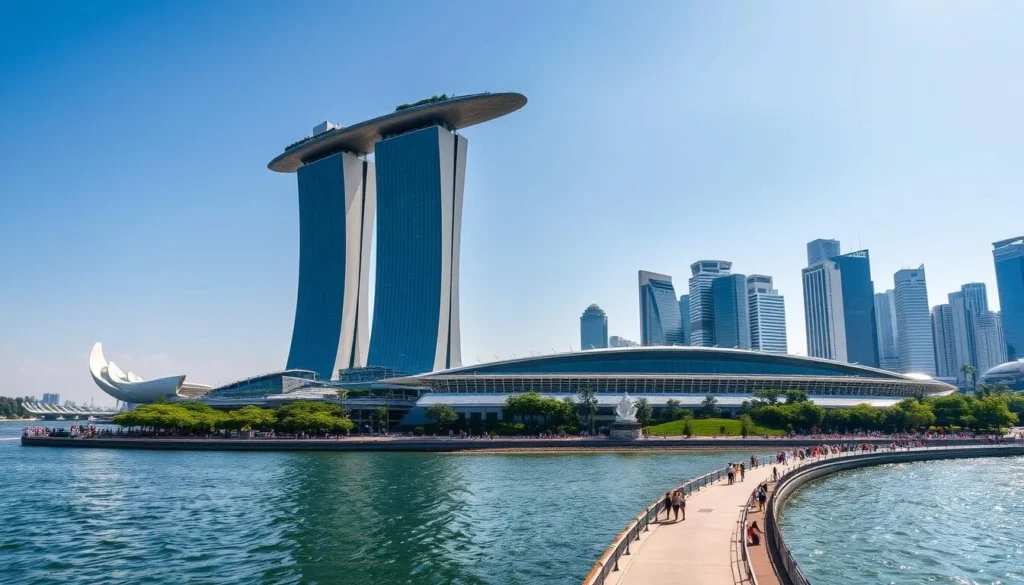 A breathtaking view of Marina Bay Sands, Singapore's iconic architectural marvel, on a warm, sunny day. The three-towered hotel complex stands majestically against a clear blue sky, its distinctive curved silhouette and striking design elements capturing the eye. In the foreground, the glimmering waters of the bay reflect the surrounding buildings and lush greenery, creating a serene and picturesque landscape. The middle ground features the bustling waterfront promenade, where people stroll leisurely, taking in the sights and sounds of this vibrant city. The background showcases the stunning Singapore skyline, with its futuristic skyscrapers and lush, verdant parks, all bathed in the warm glow of the afternoon sun.