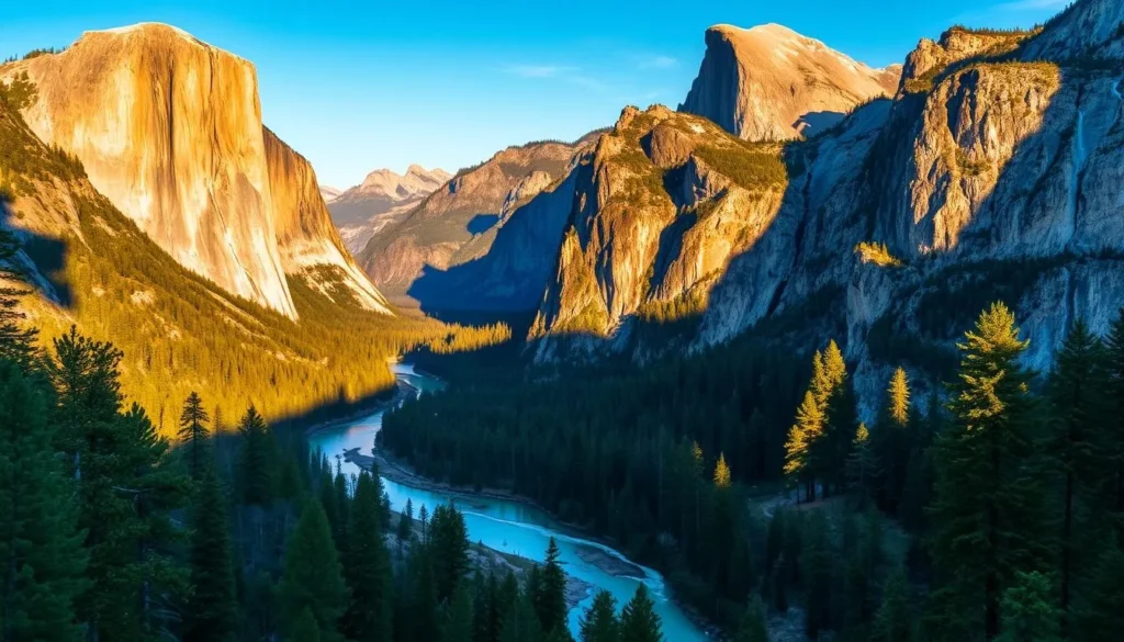 A breathtaking view of Yosemite Valley, with its towering granite cliffs and serene waterways. Capture the grandeur of El Capitan and Half Dome, bathed in warm, golden sunlight. Immerse the viewer in the tranquil ambiance, with lush pine forests framing the majestic landscape. Showcase the meandering Merced River, its glistening waters reflecting the surrounding natural wonder. Convey a sense of awe and reverence for this iconic American landscape, inviting the viewer to escape the crowds and experience the beauty of this untamed wilderness.