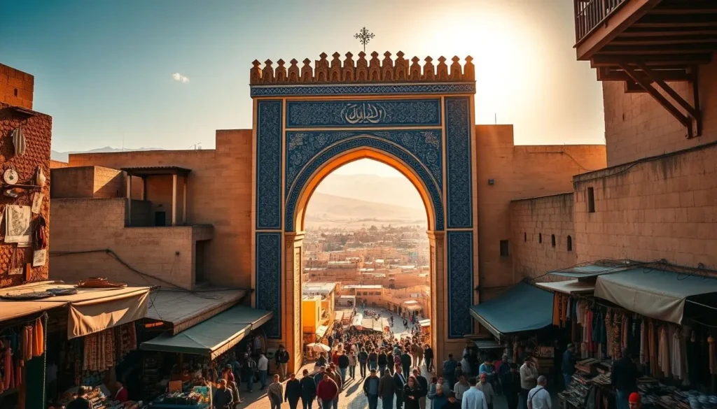 A breathtaking view of the iconic Bab Bou Jeloud, the majestic blue gate that serves as the entrance to the ancient medina of Fes, Morocco. Sunlight bathes the ornate arched gateway, casting a warm glow on the intricate tilework and carved stone details. In the foreground, a bustling marketplace teems with life, as local vendors offer their wares against a backdrop of vibrant colors and bustling activity. The middle ground reveals the winding alleyways and traditional architecture that characterize the historic city, while the distant horizon is framed by the rolling hills and snow-capped peaks of the Atlas Mountains. An atmosphere of timeless wonder and cultural richness permeates the scene, inviting the viewer to step through the gates and immerse themselves in the enchanting world of Fes.