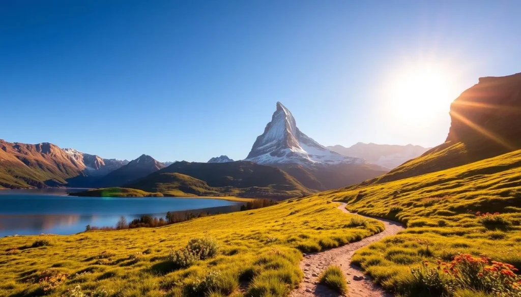 A breathtaking view of the iconic Matterhorn mountain, its majestic peak piercing the clear blue sky. In the foreground, a serene alpine lake reflects the surrounding peaks and the warm, golden sunlight dances on the water's surface. The middle ground features a winding trail through a lush, verdant meadow, dotted with vibrant wildflowers. In the distance, the snow-capped Matterhorn stands tall, its rugged silhouette framed by a backdrop of dramatic, towering cliffs. The scene exudes a sense of peaceful tranquility, inviting the viewer to immerse themselves in the natural beauty of this breathtaking Swiss landscape.