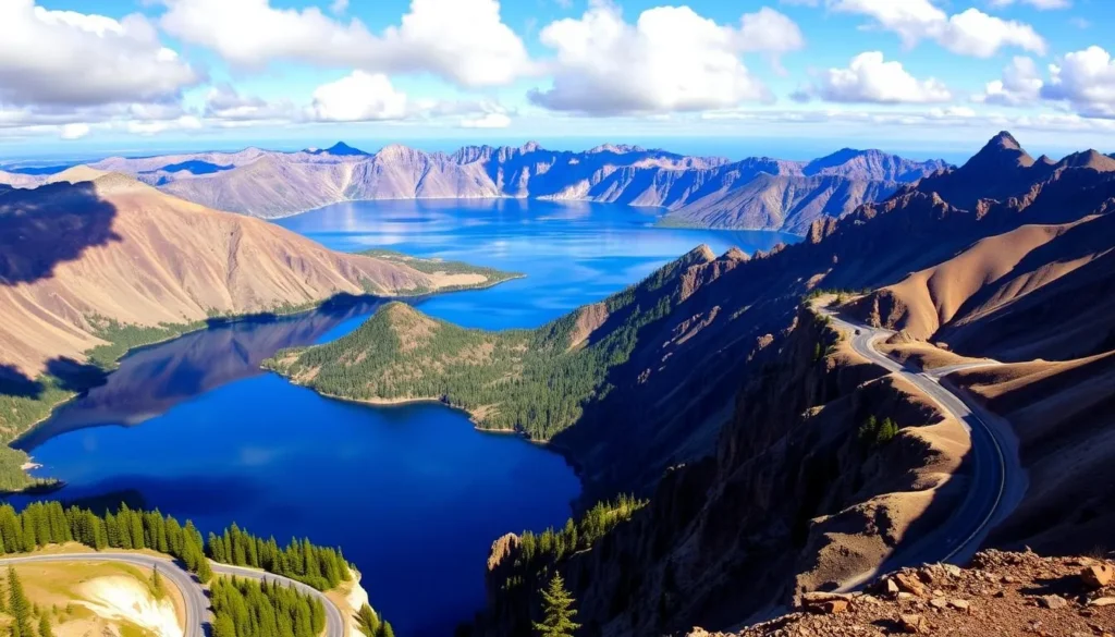 A breathtaking vista of Crater Lake's majestic rim, captured along the renowned Rim Drive. A picturesque landscape of deep blue waters nestled within towering cliffs, their volcanic slopes bathed in warm, golden sunlight. Winding roads lead the eye towards dramatic viewpoints, where visitors can marvel at the lake's pristine beauty. Fluffy white clouds drift overhead, casting gentle shadows upon the scene. The composition showcases the grandeur of this natural wonder, inviting exploration of its serene and awe-inspiring splendor.