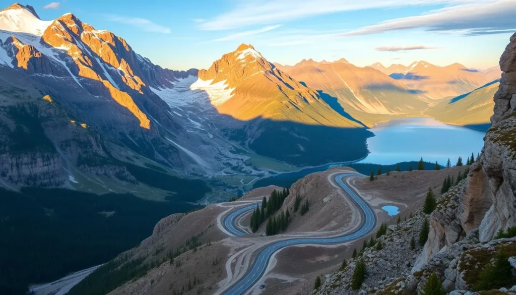 A breathtaking vista of Going-to-the-Sun Road, winding through the majestic mountains of Glacier National Park, Montana. The foreground features the iconic serpentine highway, its asphalt ribbon hugging the rugged cliffs. Towering, snow-capped peaks rise in the middle ground, their rocky faces illuminated by warm, golden sunlight. In the background, a serene alpine lake reflects the dramatic landscape, its crystal-clear waters shimmering. The scene conveys a sense of awe-inspiring natural beauty, with the road offering a captivating journey through this sublime wilderness. Capture this scene with a wide-angle lens, emphasizing the grand scale and breathtaking vistas of this scenic drive.