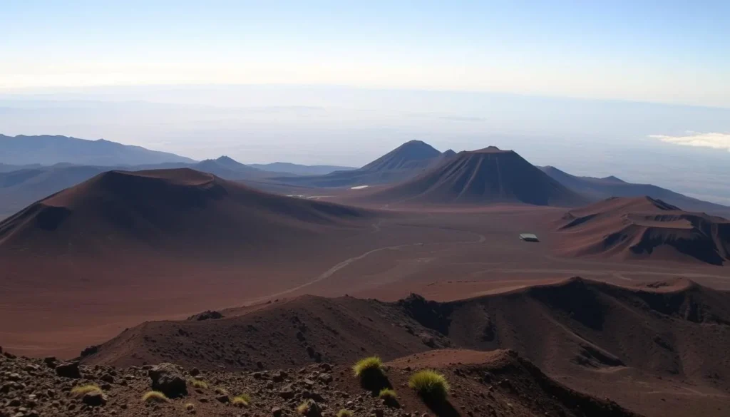 A breathtaking vista of Haleakalā National Park's summit, captured on a clear and sunny day. In the foreground, the vast, volcanic crater stretches out, its rugged, reddish-brown slopes dotted with hardy vegetation. The middle ground features the iconic silhouettes of the cinder cones, their sharp peaks reaching skyward. In the distance, the horizon is framed by rolling hills and distant mountains, bathed in a soft, golden light. The scene is infused with a sense of solitude and grandeur, inviting the viewer to pause and take in the majestic natural wonder of this Hawaiian landscape.