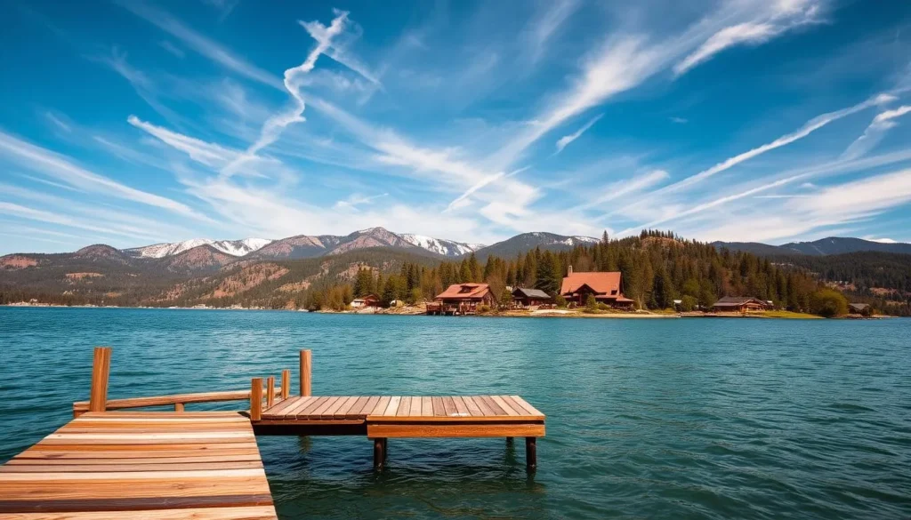 A breathtaking vista of Lake Arrowhead, nestled amidst the towering peaks and lush forests of the San Bernardino Mountains. The crystal-clear waters reflect the azure sky, dotted with wispy clouds. In the foreground, a wooden dock extends into the lake, inviting visitors to admire the serene surroundings. The mid-ground features a cluster of quaint cabins and charming cottages, their rustic architecture blending seamlessly with the natural landscape. In the background, the majestic mountains rise, their snow-capped summits glistening in the warm, golden sunlight. A sense of tranquility and adventure permeates the scene, capturing the essence of the "Alps of Southern California."