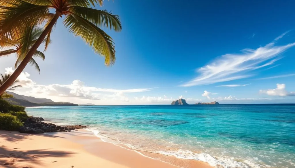 A breathtaking vista of Lanikai Beach, Oahu's picturesque paradise. Crystalline turquoise waters gently lap against the soft, golden sands, framed by lush, verdant cliffs. A light, warm breeze rustles the swaying palm trees, creating a serene, idyllic atmosphere. Sunlight filters through wispy, ethereal clouds, casting a warm, golden glow over the scene. In the distance, the silhouettes of the Mokulua Islands stand as guardians of this heavenly coastal retreat. Capture the essence of this enchanting Hawaiian haven, where the beauty of nature is in perfect harmony.