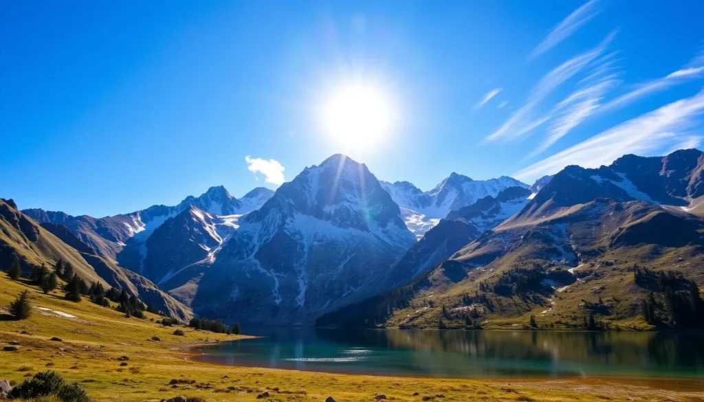 A breathtaking vista of Mount Baldy, its snow-capped peaks reaching skyward against a brilliant azure sky. The sun's warm rays gently illuminate the rugged terrain, casting long shadows across the pristine alpine meadows. In the foreground, a serene alpine lake reflects the majestic mountain, its crystal-clear waters beckoning hikers to explore its tranquil shores. Wisps of clouds drift lazily overhead, hinting at the ever-changing nature of this dynamic landscape. The scene exudes a sense of peaceful solitude, inviting the viewer to immerse themselves in the natural splendor of this iconic California destination.