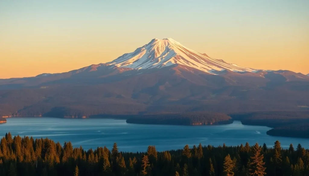 A breathtaking vista of Mount Shasta towering over the serene waters of Lake Siskiyou. The majestic peak is bathed in warm, golden sunlight, casting dramatic shadows across the surrounding landscape. In the foreground, the lake reflects the mountain's snow-capped summit and the verdant forests that line its shores. A wide-angle lens captures the expansive, panoramic scene, showcasing the picturesque harmony between the towering mountain and the tranquil body of water. The atmosphere is one of peaceful solitude, inviting the viewer to immerse themselves in the natural beauty of this stunning photography hotspot.